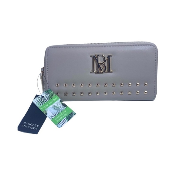 Badgley Mischka Taupe Vegan Leather Gold Studded Continental Wallet - Picture 1 of 10